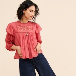 FREE PEOPLE | Laura Cotton Ruffle Blouse Salmon-Red Women’s Size Small
